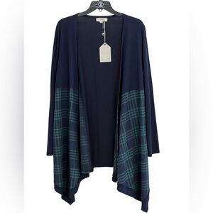 Entro Plaid Open Cardigan Sweater Draped Top Elbow Patch Navy Green Small NWT